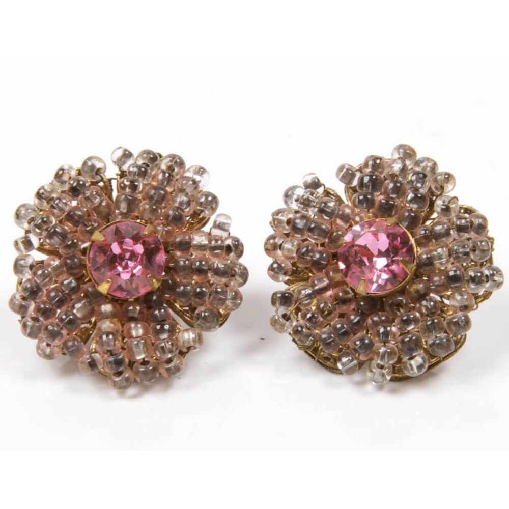 Vintage Miriam Haskell 1960s Pink & Smokey Glass Bead Cluster Clip-On Earrings